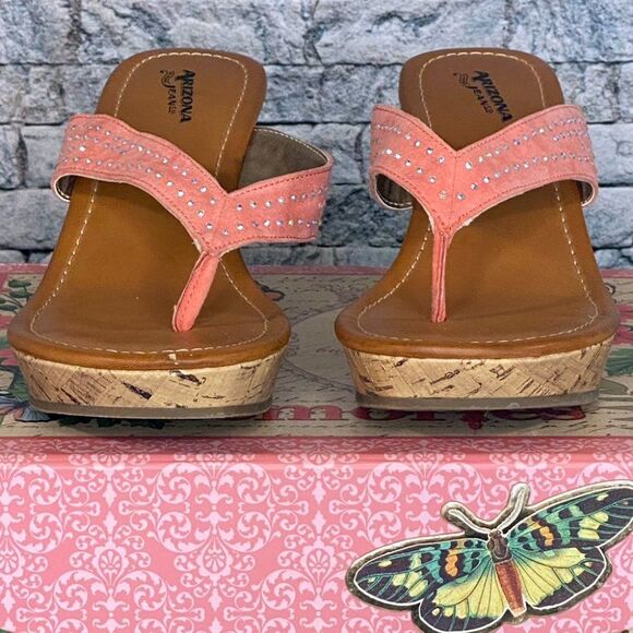 Arizona Jean Cork Wedge Sandals Size 10 Faux Suede with Rhinestones - Picture 2 of 7